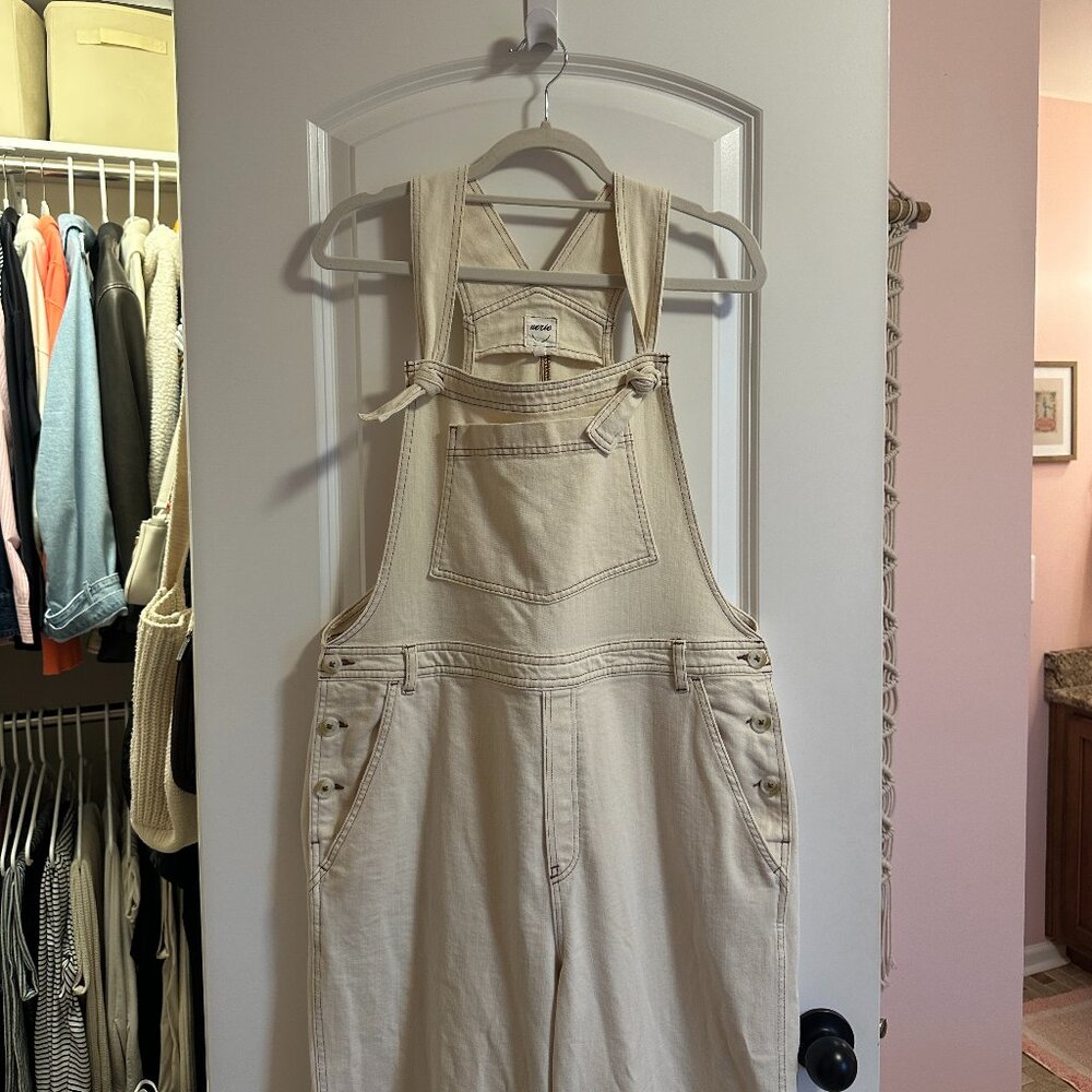 Aerie Wide Leg Denim Overalls Cream XL
